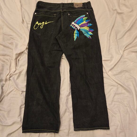 Vintage Coogi Jeans Size 40x32 Embroidered Indian Headdress Black Denim *read* - Picture 2 of 16